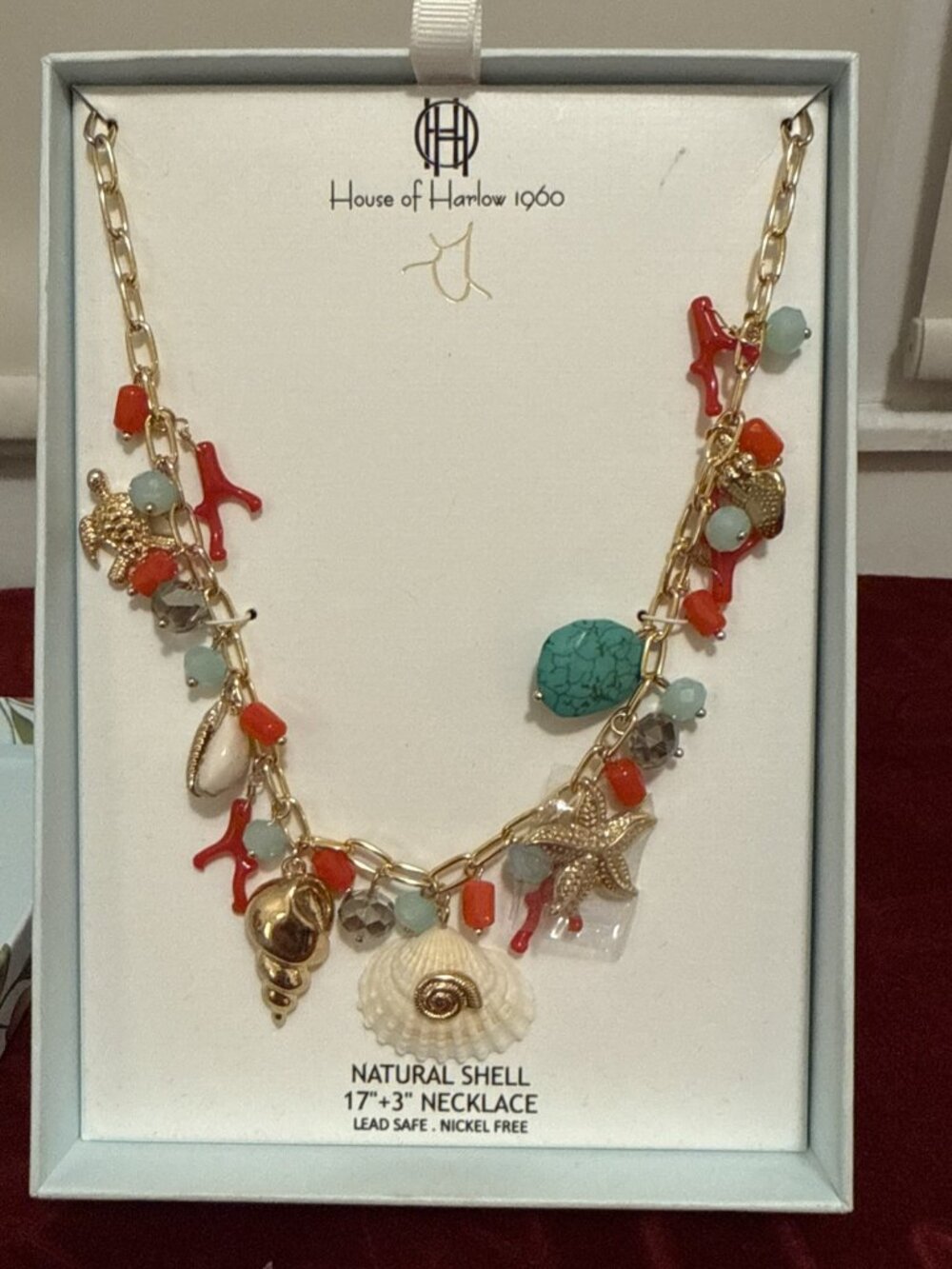 NIB House of Harlow 1960 Charm Necklace, Shells Coral Starfish Stones, Viral!